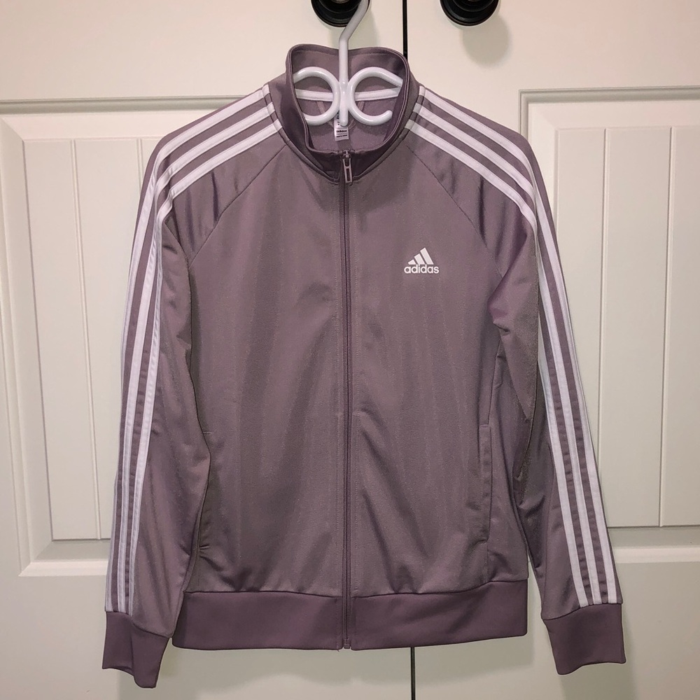 ADIDAS Women's Bomber Style Track Jacket in Mauve with White Stripes - M